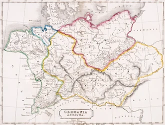 Mapa Německa, Germania Antiqua, z „The Atlas of Ancient Geography“ od Samuela Butlera, vydáno v Londýně, kolem roku 1829